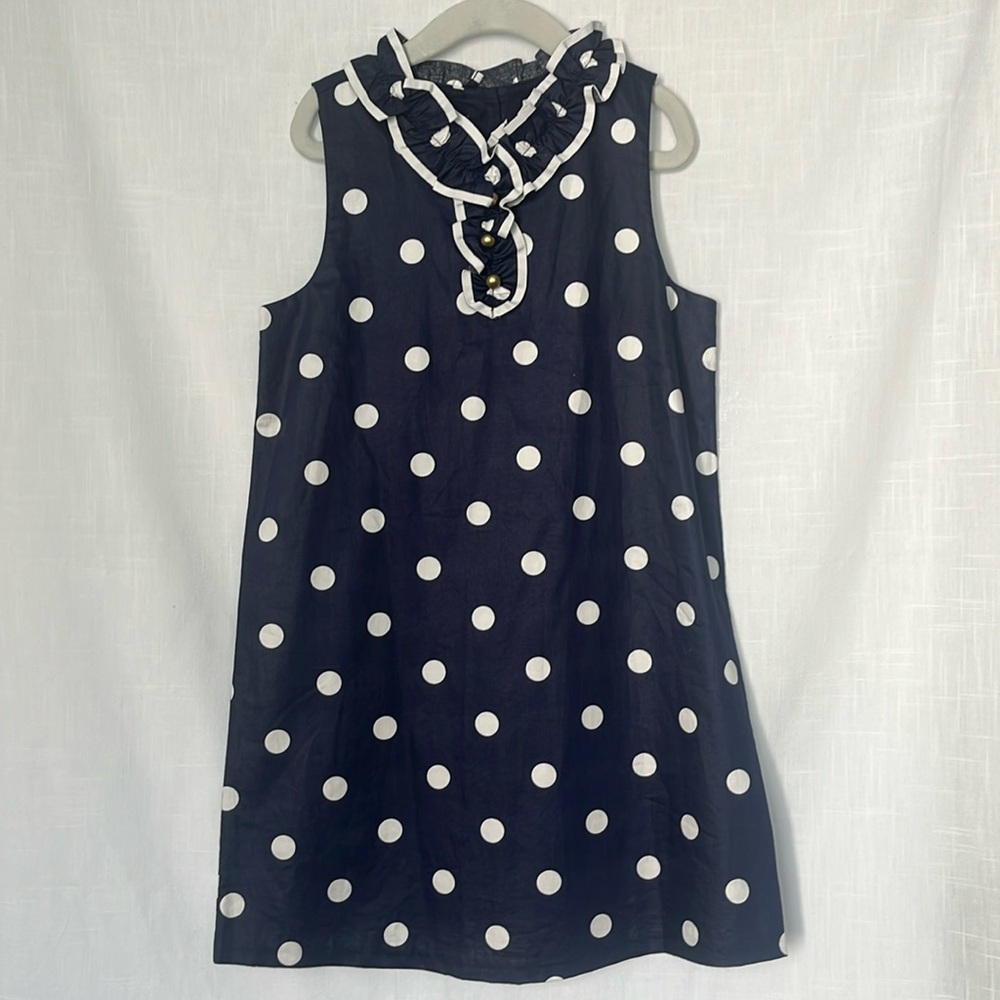 Janie and Jack Navy with White Polka Dot Sleeveless Girls Size 7 Dress
